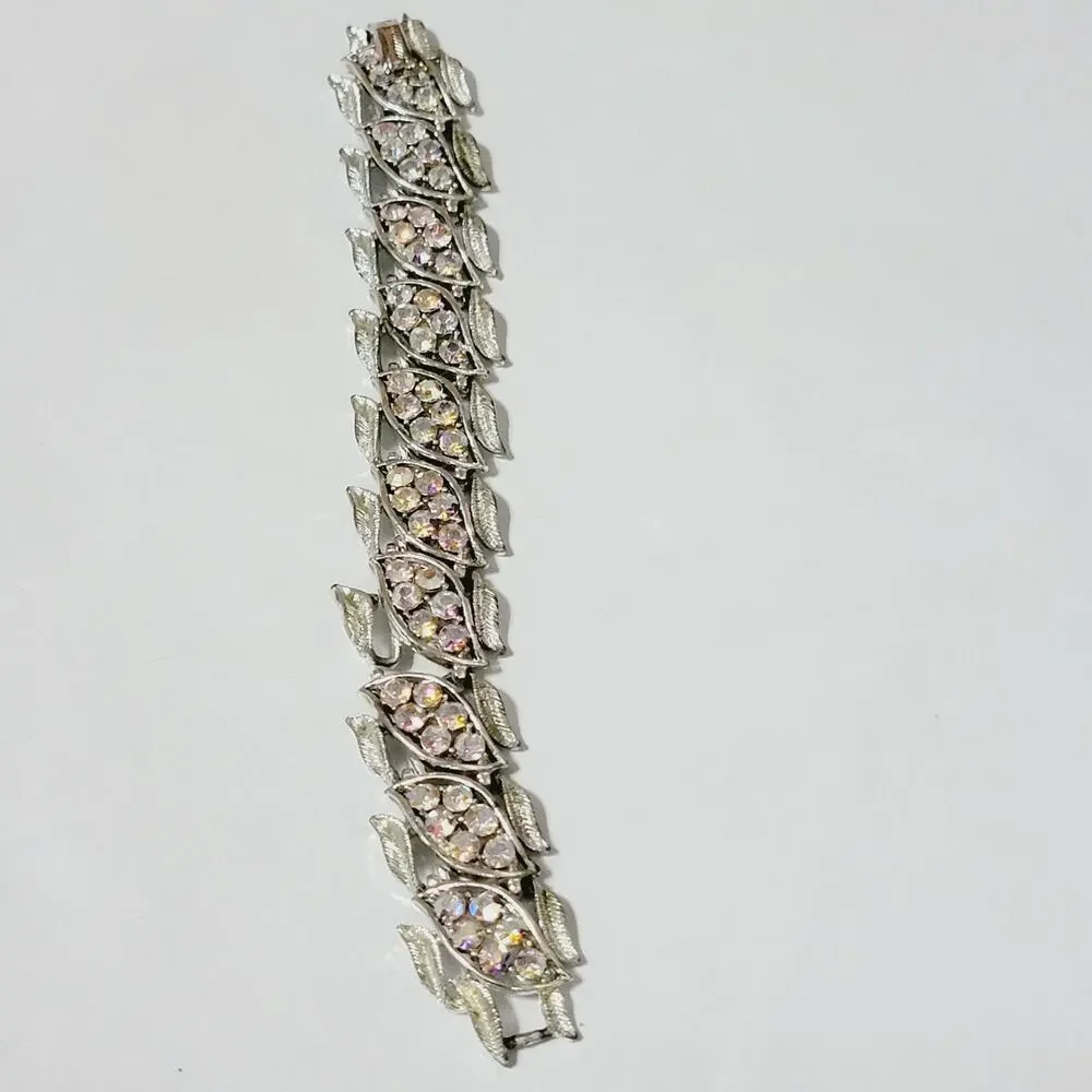 Coro AB Rhinestone Leaf Bracelet Silver Tone Mid Century 7